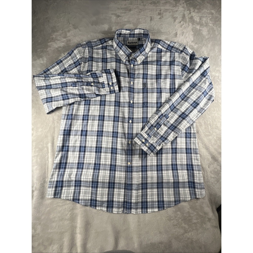Barbour Button Down Shirt Mens Size 2XL‎ Blue Gingham Plaid White Tailored Fit